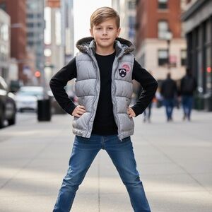 Old Navy light gray Puffer Vest with Hood Boys 5T logos fleece lining